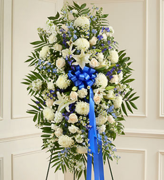 Deepest Sympathies Blue &amp; White Standing Spray